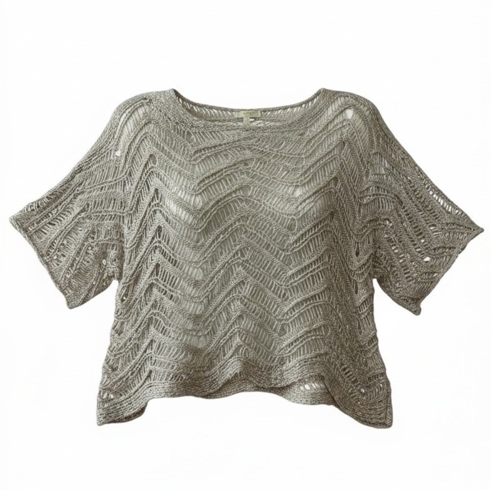 Eileen Fisher XS Taupe Chevron Open Knit‎ Cotton Blend Boxy Crop Sweater Top